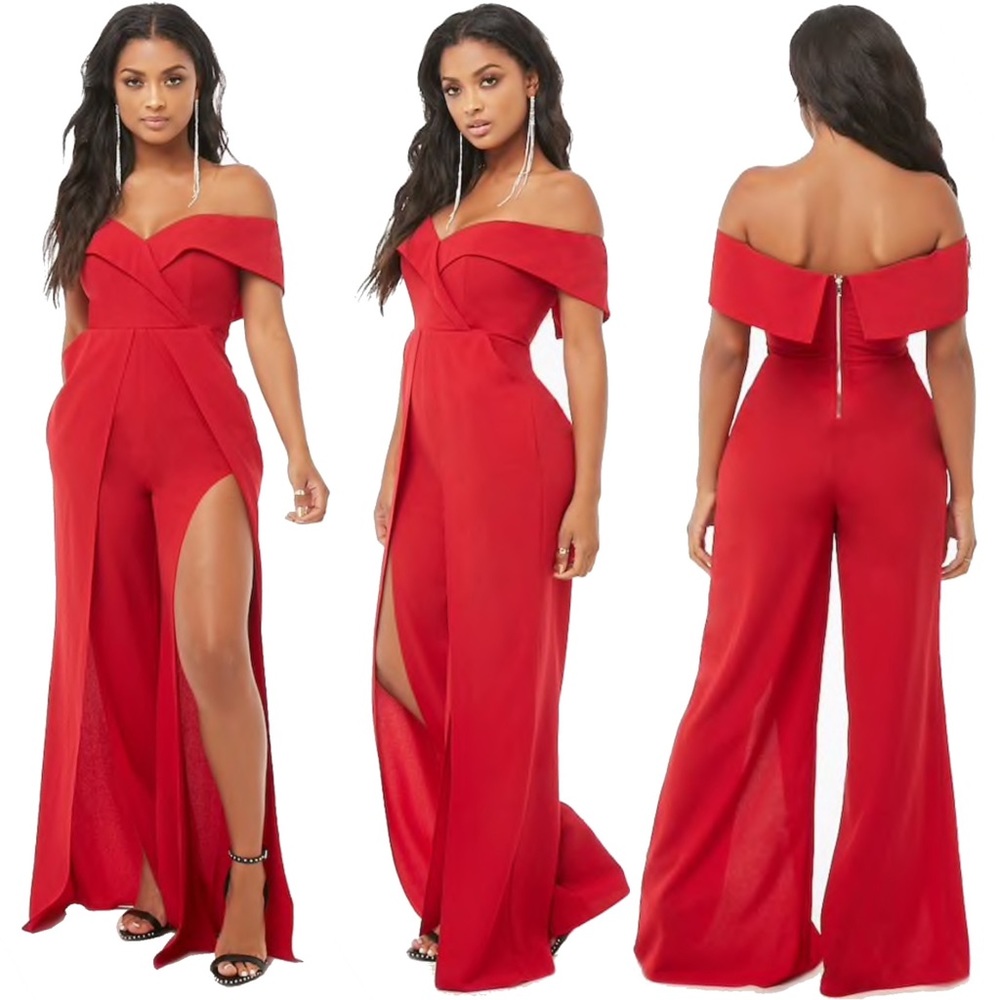 ❤️‍🔥 VALENTINES 💌 Slit Leg Off Shoulder Jumpsuit Red